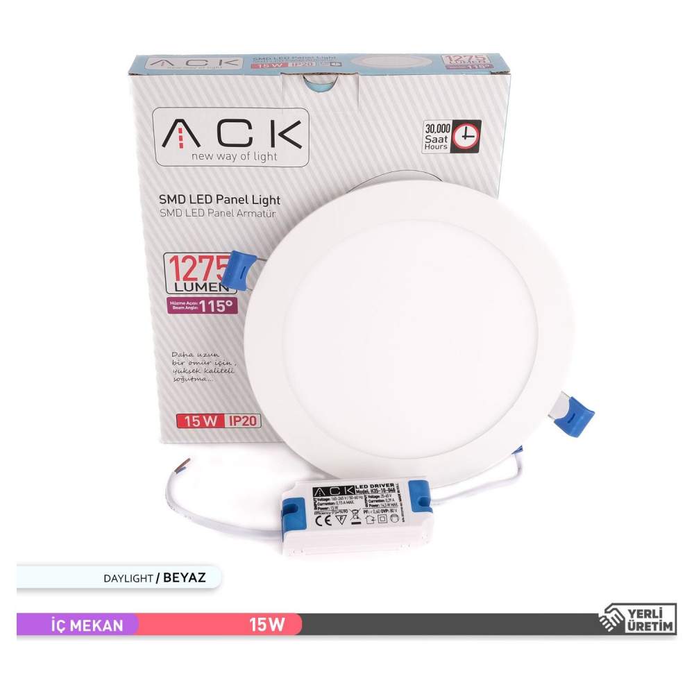 Ack 15w Beyaz Işık 6500k Slim Led Panel Yuvarlak Alüminyum AP01-01530