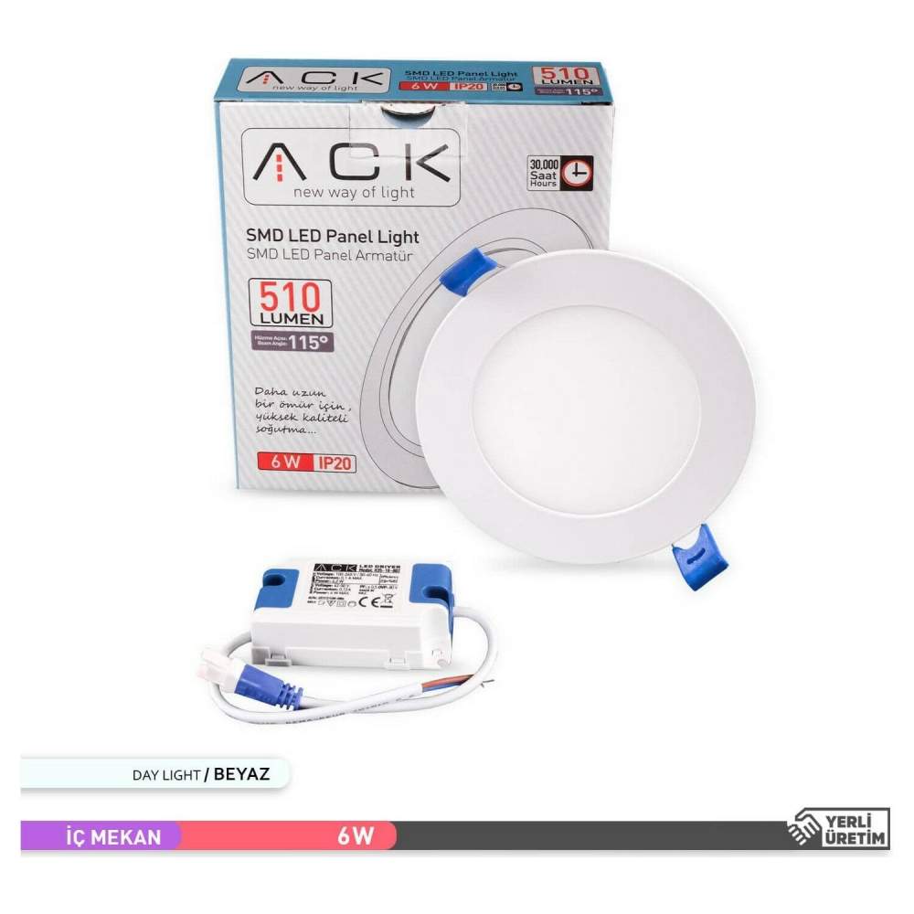 Ack 6w Beyaz Işık 6500k Slim Led Panel Yuvarlak Alüminyum AP01-00630