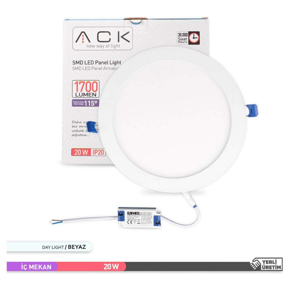 Ack 20w Beyaz Işık 6500k Slim Led Panel Yuvarlak Alüminyum AP01-02030