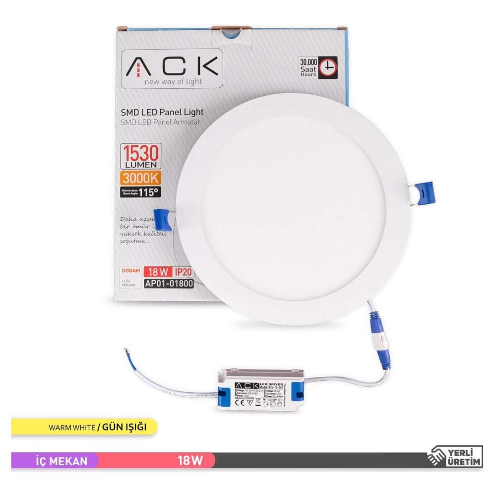 Ack 18w Günışığı 3000k Slim Led Panel Yuvarlak Alüminyum AP01-01800