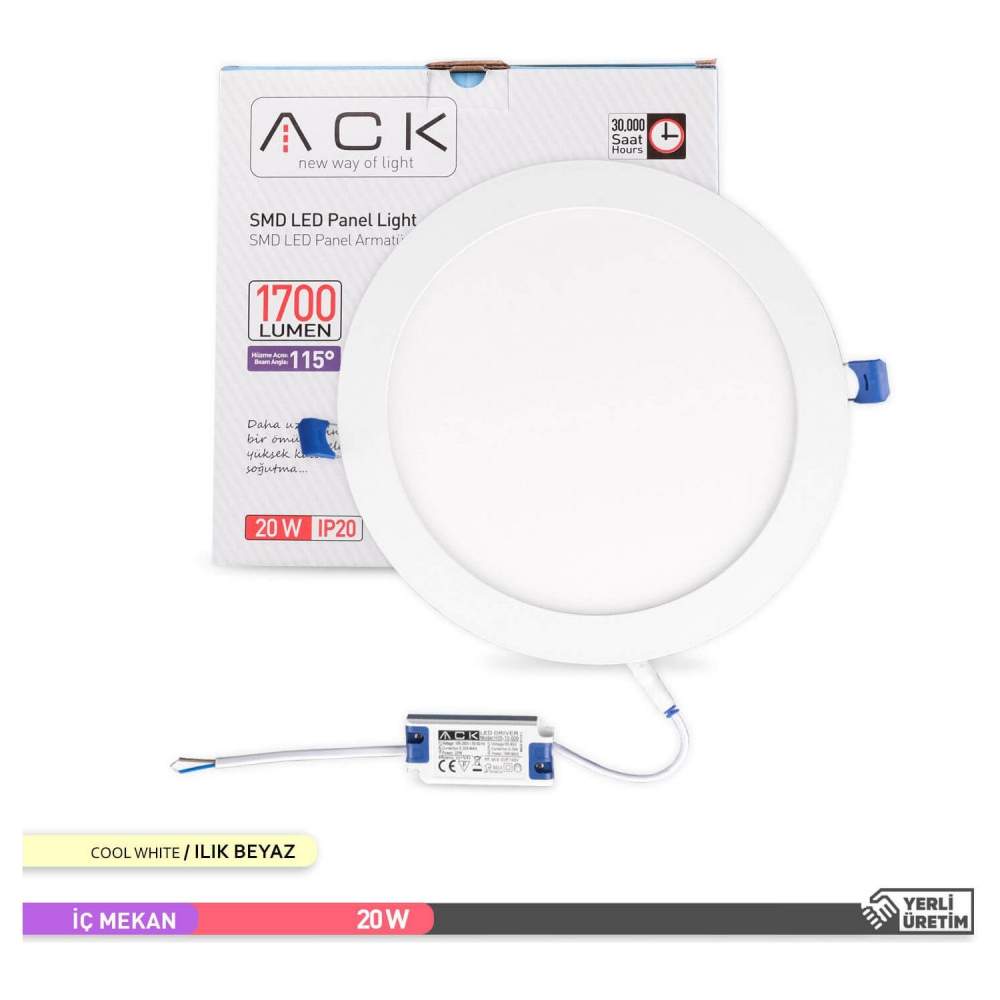 Ack 20w Ilık Beyaz 4000k Slim Led Panel Yuvarlak Alüminyum AP01-02010