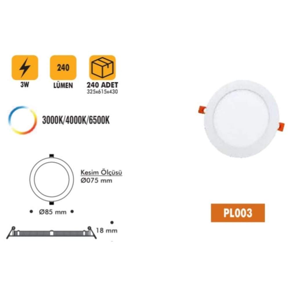 NO-VO PL003 3W LED SLIM 3000K DOWNLIGHT SIVA ALTI PANEL