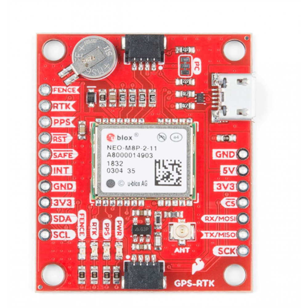 SparkFun GPS-RTK Board - NEO-M8P-2 (Qwiic) High-Accuracy breakout No Soldering Required Breadboardable Contains a Rechargeable backup battery allowing a Warm-start decreasing time-to-first-fix