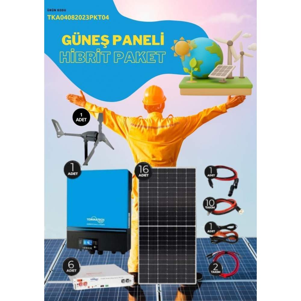 Güneş Enerjisi Hibrit Paket 7.2 Kva İnverter 450 Watt Güneş Paneli 48 Volt 50 Amper Lityum Akü İ-2000w 48v Rüzgar Türbini + Hibrit Şarj Kontrol