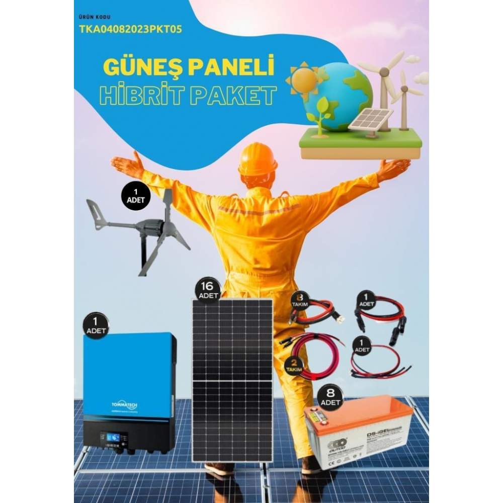 Güneş Enerjisi Hibrit Paket 7.2 Kva İnverter 450 Watt Güneş Paneli 200 Amper Jel Akü İ-2000w 48v Rüzgar Türbini + Hibrit Şarj Kontrol