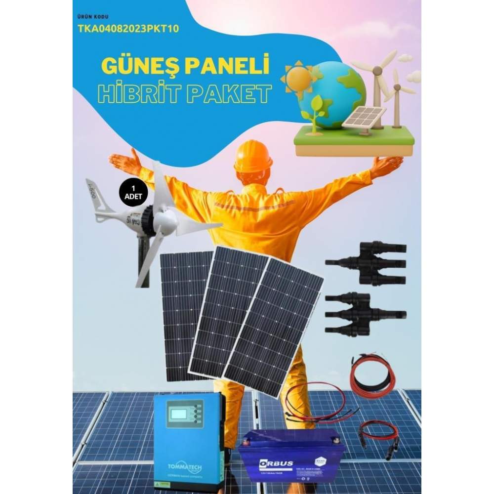 Güneş Enerjisi Hibrit Paket 1 Kva Tam Sinüs İnverter 205 Watt Güneş Paneli 150 Amper Jel Akü İ-500 Watt 12v/24volt Rüzgar Türbini + Hibrit Şarj Kontr