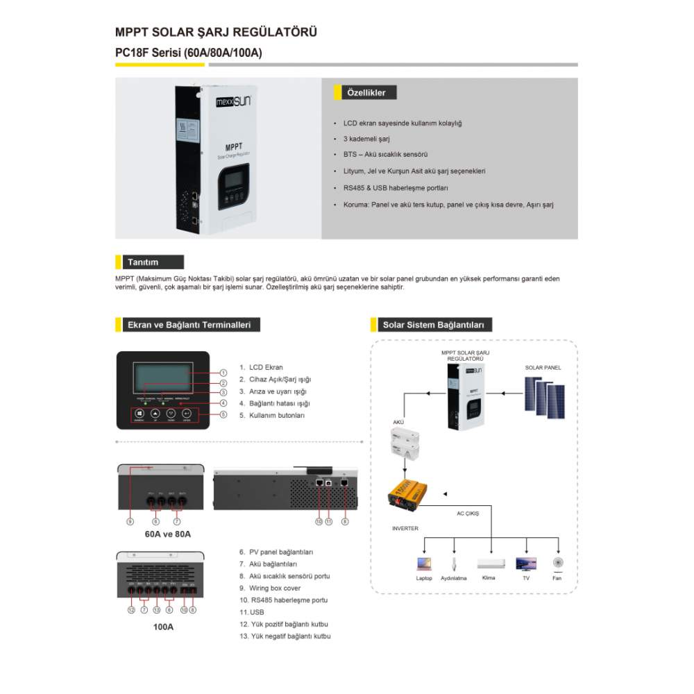 Mexxsun (PC18F) 100 Amper MPPT 12/24/48V Şarj Kontrol Cihazı