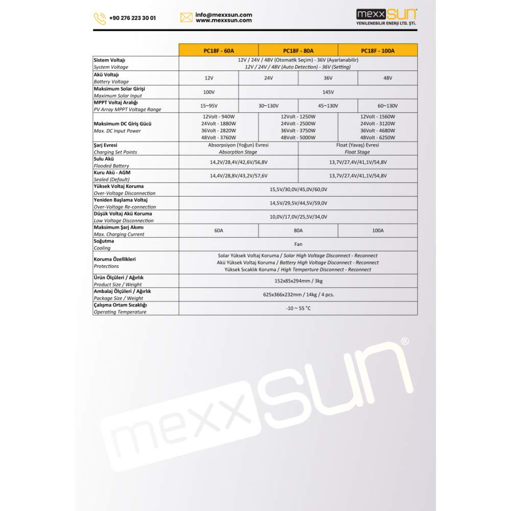 Mexxsun (PC18F) 100 Amper MPPT 12/24/48V Şarj Kontrol Cihazı