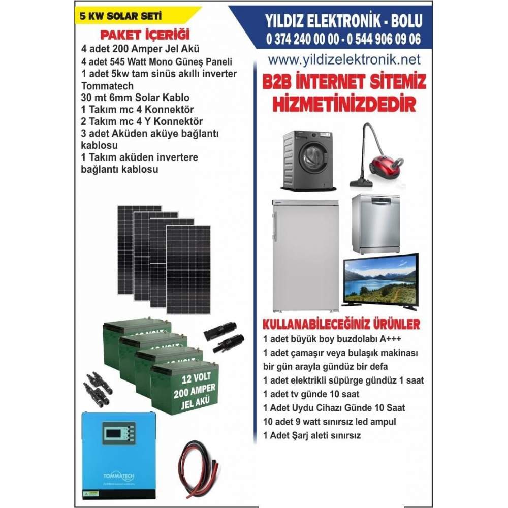 SOLAR 5 KW SET- 2180WATT PANEL - 800 AMPER JEL AKÜ - 5000WATT AKILLI TAM SİNÜS İNVERTER