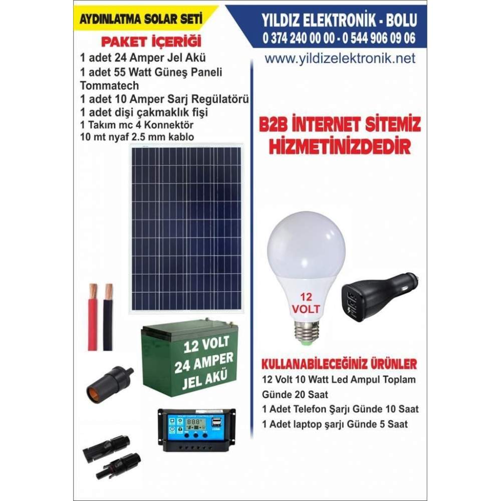 SOLAR AYDINLATMA SETİ- 50 WATT PANEL - 24 AMPER JEL AKÜ 12 VOLT SİSTEM