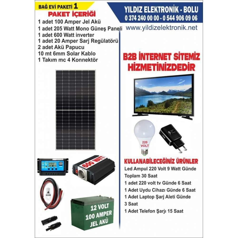 SOLAR BAĞ EVİ PAKETİ 1 - 205WATT PANEL - 100 AMPER JEL AKÜ - 500WATT İNVERTER