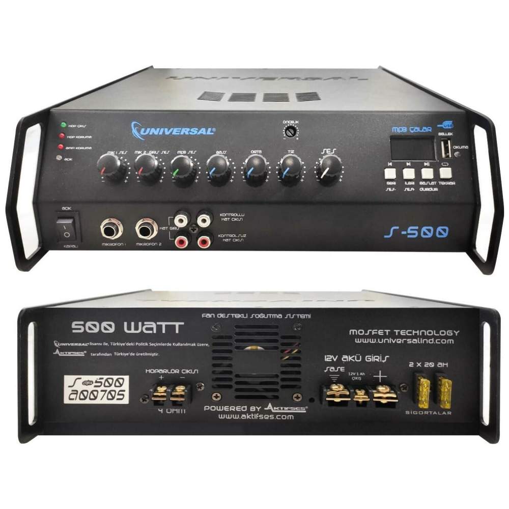 UNIVERSAL 12 VOLT S500 USB Lİ 500 WATT SEÇİM ANFİSİ