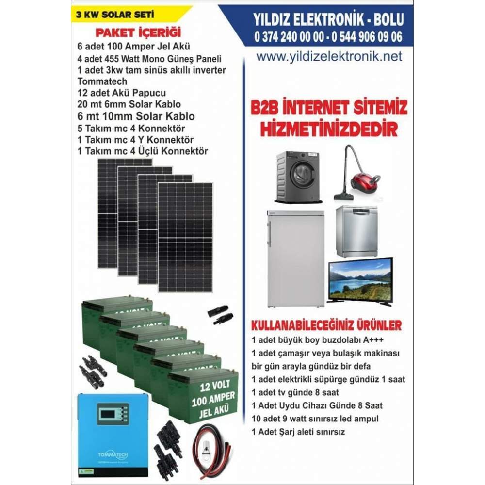 SOLAR 3 KW SET- 2180WATT PANEL - 600 AMPER JEL AKÜ - 3000WATT AKILLI TAM SİNÜS İNVERTER